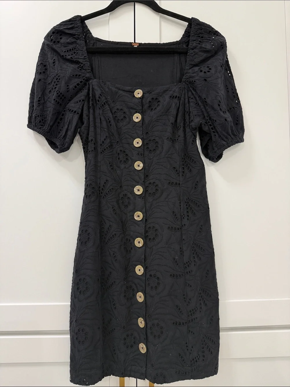 Free People Black Eyelet Button-Front Mini with Puff Sleeves